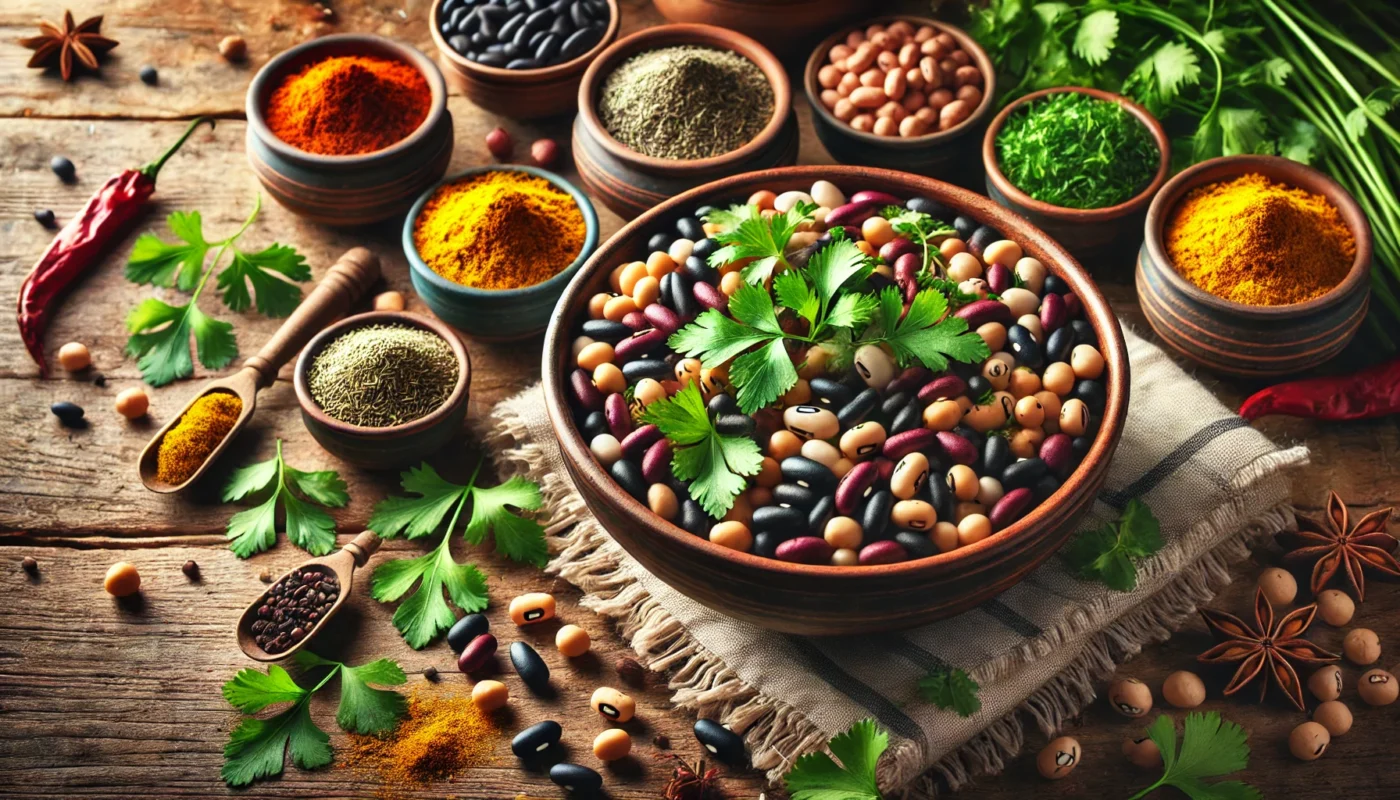 Are beans anti inflammatory? This is a vibrant, widescreen horizontal image showcasing a freshly prepared bowl of mixed beans, including black beans, kidney beans, and chickpeas, garnished with fresh herbs like cilantro and parsley. The rustic wooden table features small bowls of turmeric and cumin, emphasizing their anti-inflammatory qualities, with natural light highlighting the colorful and healthful composition.