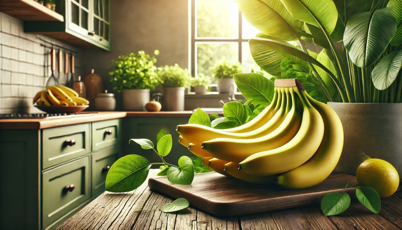 Can bananas cause inflammation? This is a vibrant, widescreen horizontal image featuring a bunch of ripe yellow bananas resting on a wooden table, surrounded by a natural, rustic background.