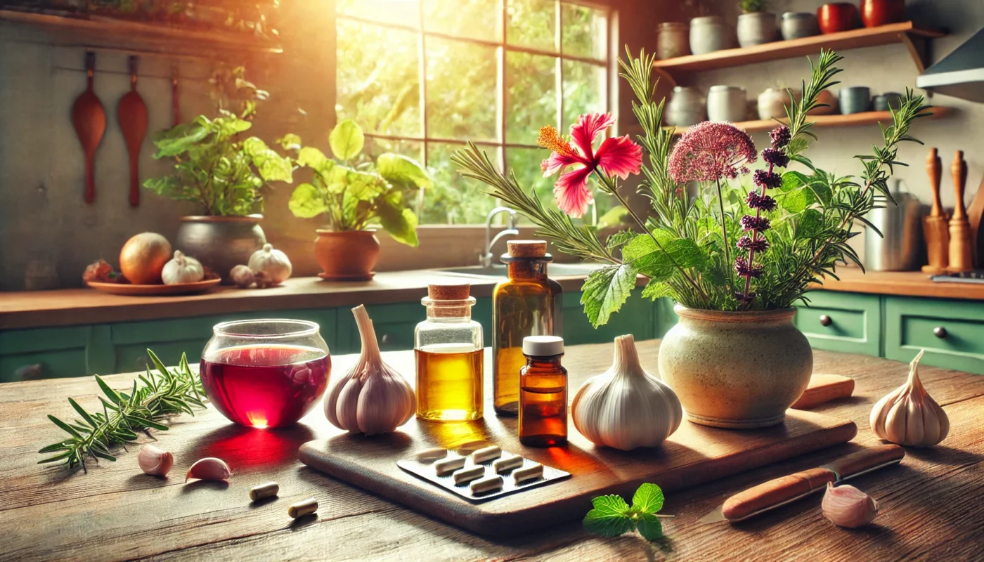 A vibrant, widescreen horizontal image showcasing a serene kitchen environment with natural remedies for hypertension, including garlic bulbs, a cup of hibiscus tea, a bottle of olive oil, and CoQ10 capsules, symbolizing holistic approaches to blood pressure management.