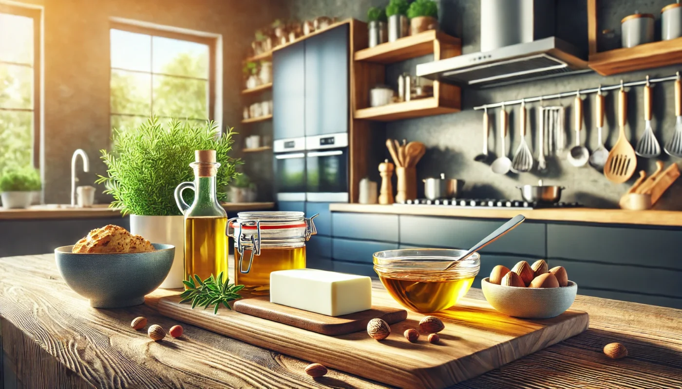 A widescreen image of a contemporary kitchen featuring a wooden countertop with fresh ingredients including a butter dish, olive oil, and mixed nuts. Sunlight streams through a large window, illuminating sleek kitchen appliances in the background, creating a warm and inviting atmosphere.