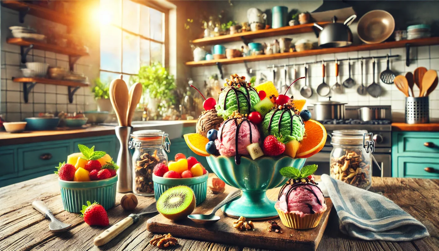 A vibrant, widescreen image showcasing a cozy home kitchen counter with bowls of colorful homemade ice cream, topped with fresh fruit, nuts, and drizzles of chocolate syrup. The backdrop includes kitchen tools and natural light streaming through a nearby window, creating a warm and inviting atmosphere.