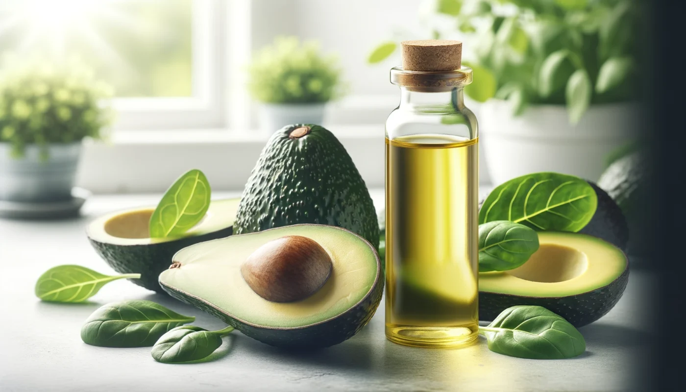 A detailed, widescreen image showing a glass bottle of avocado oil next to halved avocados and leafy greens, emphasizing its use as a non-inflammatory oil for cooking and dressing.