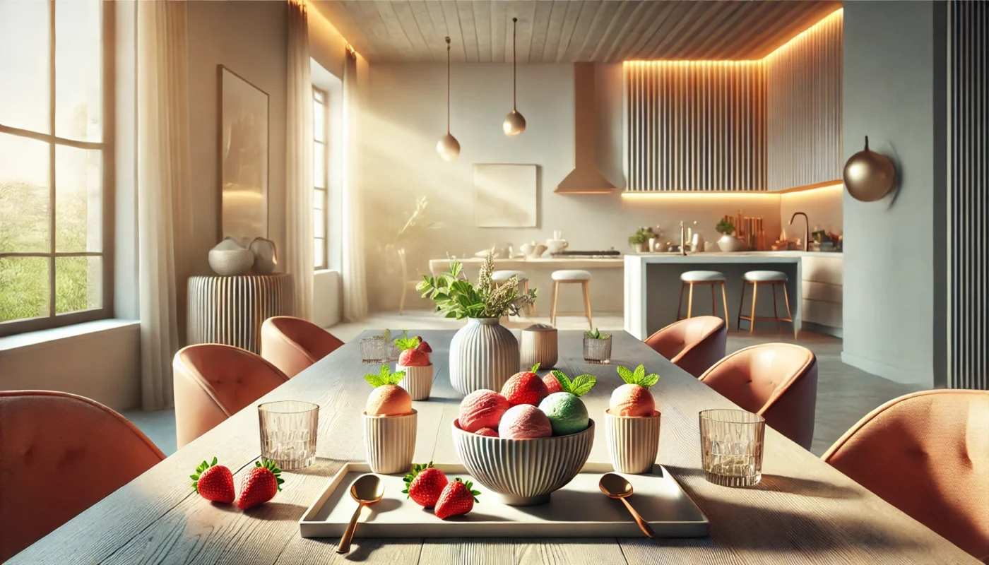 A vibrant widescreen image featuring a minimalist, clean setting with small bowls of organic ice cream in assorted flavors, surrounded by fresh fruits and natural ingredients, highlighting a healthy and balanced approach to enjoying desserts.