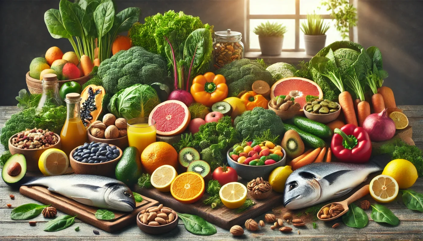 What are some of the best vitamins for cracking knees? This is a vibrant, text-free image showcasing an array of fresh, vitamin-rich foods for joint and knee health. The display includes leafy greens, citrus fruits, nuts, seeds, omega-3 rich fish, and colorful vegetables, arranged on a wooden kitchen counter with natural lighting to emphasize health and wellness.