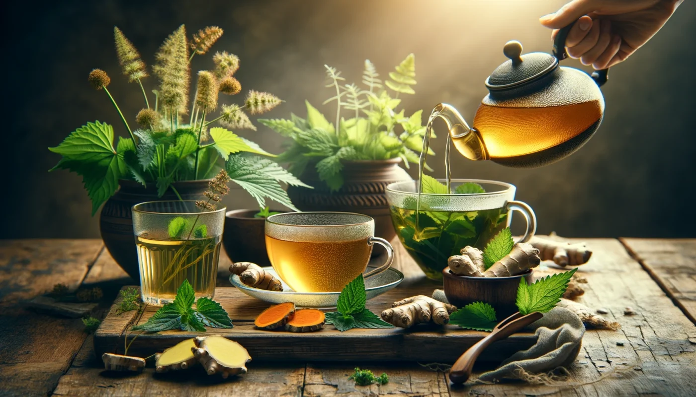 A serene, text-free widescreen image of a rustic table with herbal teas for arthritis management. The setup includes a teapot pouring golden turmeric tea, a glass cup of green tea with fresh leaves, a bowl of ginger slices, and fresh nettle and mint sprigs, evoking a natural, healing ambiance.