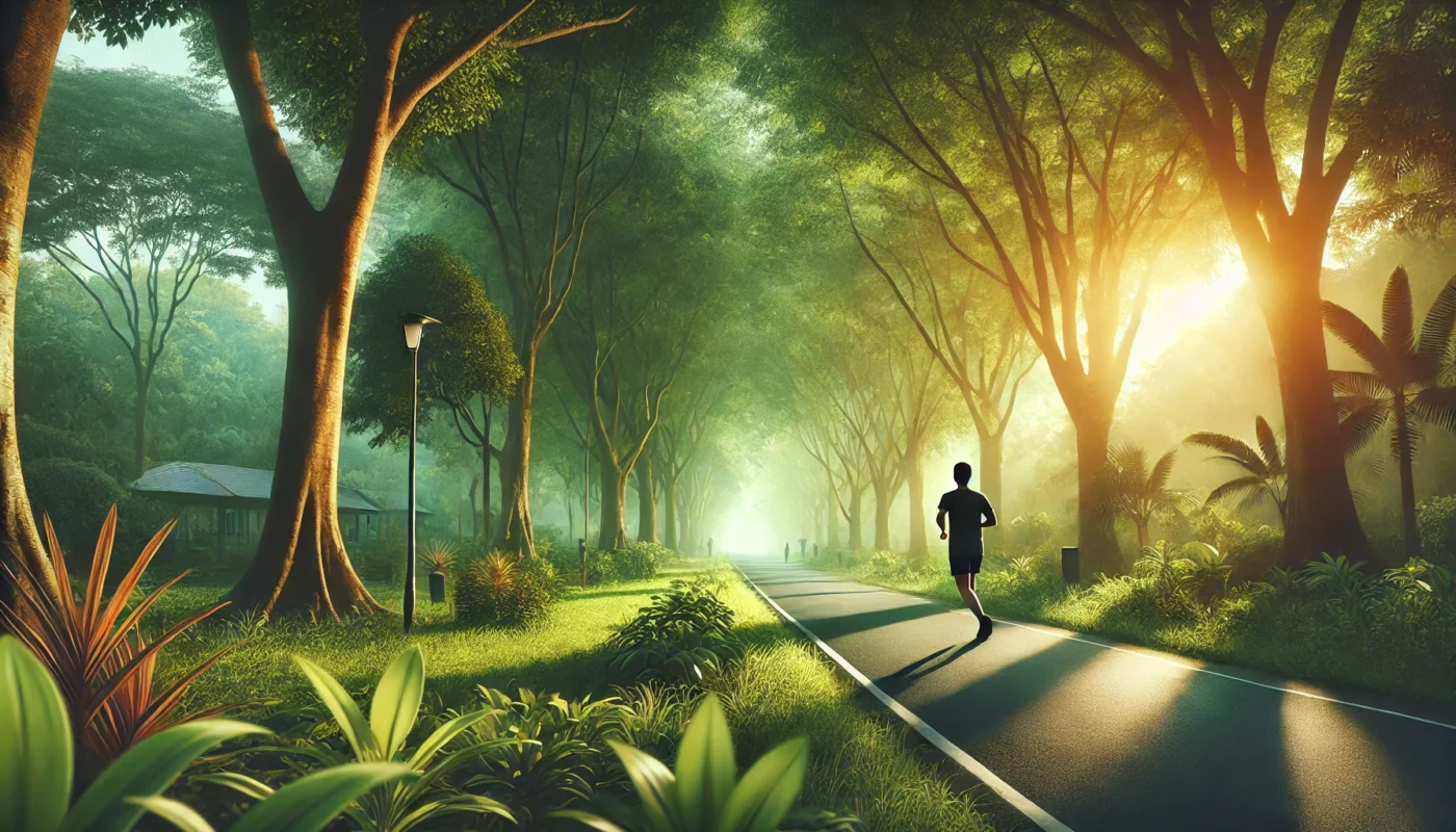 A widescreen horizontal image of a person jogging on a scenic outdoor path surrounded by lush green trees and nature, with soft sunlight filtering through the leaves, highlighting the calming and health-promoting effects of aerobic exercise for hypertension management.