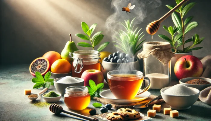 Can artificial sweeteners cause joint pain? This is a vibrant, widescreen image showing a serene kitchen countertop with natural sweeteners like honey, stevia leaves, and a glass jar of sugar-free drink options, emphasizing alternatives to artificial sweeteners and their role in inflammation management.