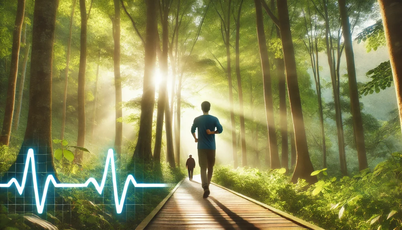 A calming, widescreen horizontal image of a person walking briskly along a peaceful forest trail, surrounded by lush green trees and soft sunlight filtering through the leaves, highlighting the one of the best exercises for reducing hypertension and promoting cardiovascular health.