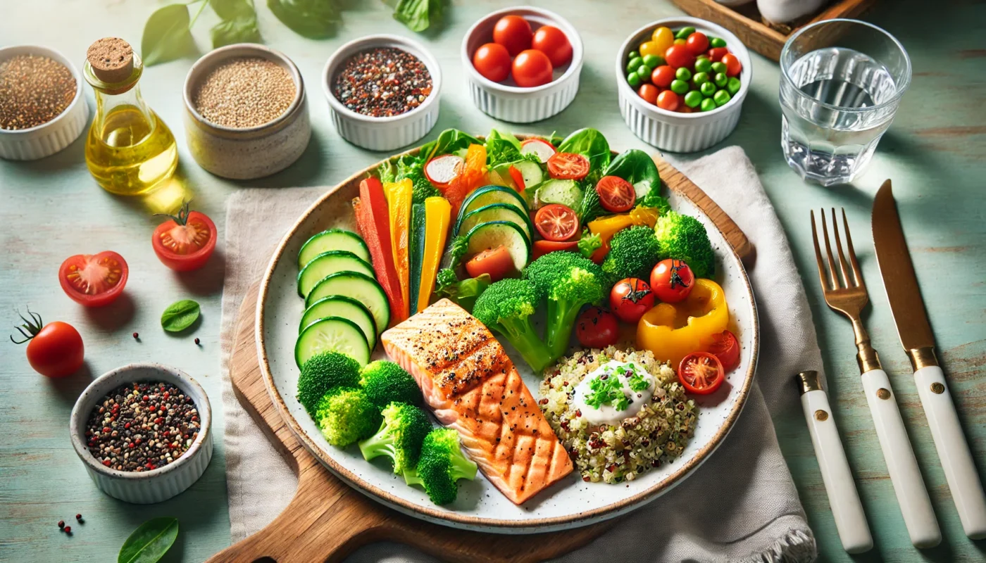 A vibrant, horizontal, text-free image showcasing a variety of fresh fruits and vegetables, including tomatoes, bell peppers, carrots, and leafy greens, arranged on a wooden table to emphasize the DASH diet’s focus on nutrient-rich, heart-healthy foods.