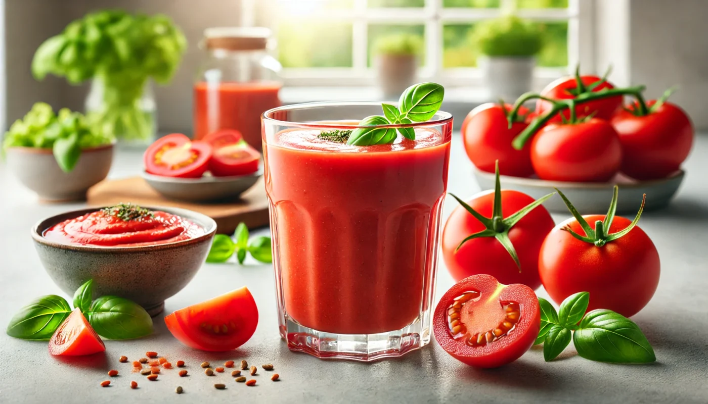 A widescreen image showcasing a healthy tomato-based smoothie served in a tall glass, surrounded by fresh tomatoes and a small bowl of visible tomato seeds. The setting includes a light and airy kitchen background with natural light streaming in, emphasizing freshness and health. The smoothie has a bright red hue with a garnish of basil leaves.