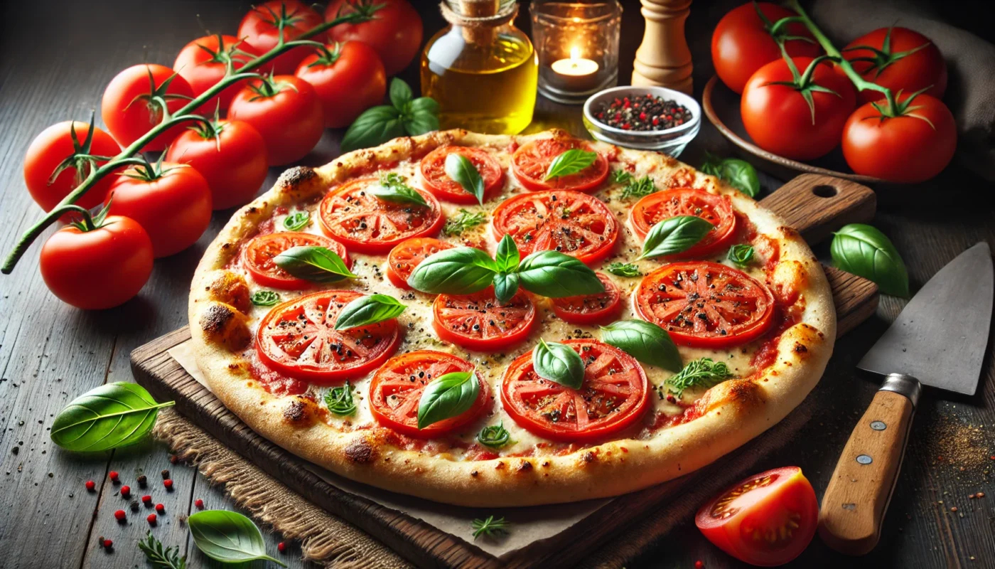 A gourmet pizza topped with vibrant slices of tomatoes, fresh basil leaves, and visible tomato seeds, baked with melted cheese on a golden crust. It is served on a rustic wooden board, surrounded by fresh tomato slices, a glass jar of olive oil, and basil sprigs in a warm, cozy kitchen setting.