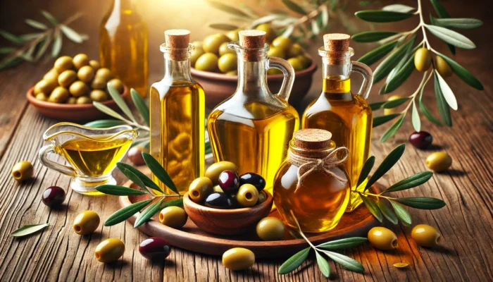 A vibrant, widescreen horizontal image featuring glass bottles of extra virgin olive oil surrounded by fresh olives, showcasing a heart-healthy, non inflammatory oil.