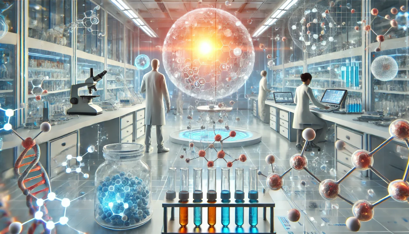 A bright, modern medical laboratory with researchers studying molecular models and pharmaceutical compounds related to hypertension. Advanced lab equipment, test tubes, and glowing molecular structures are displayed in a futuristic, clean environment, symbolizing scientific innovation.