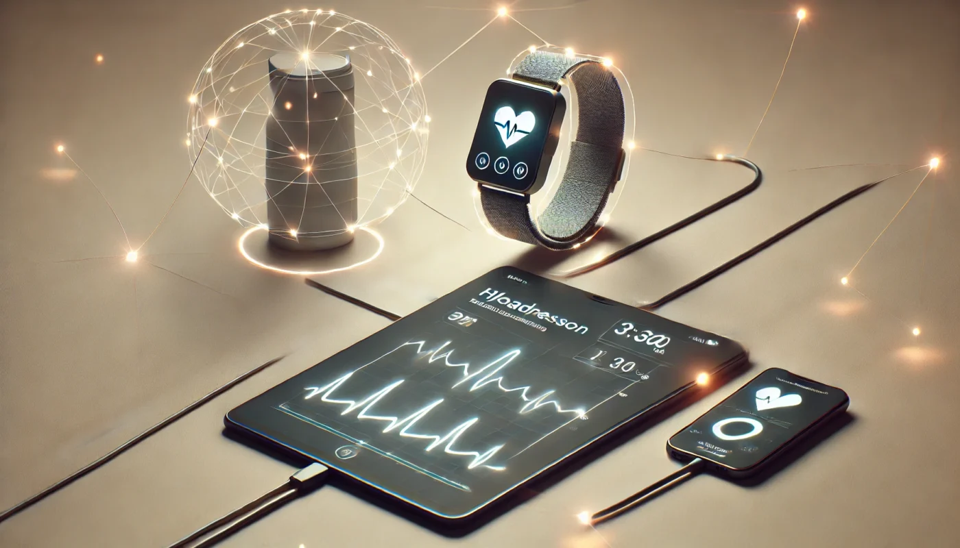 A minimalistic and modern representation of AI-enhanced hypertension remote monitoring, featuring glowing digital lines connecting a wearable device, smartphone, and tablet displaying blood pressure trends, set against a soft neutral background.