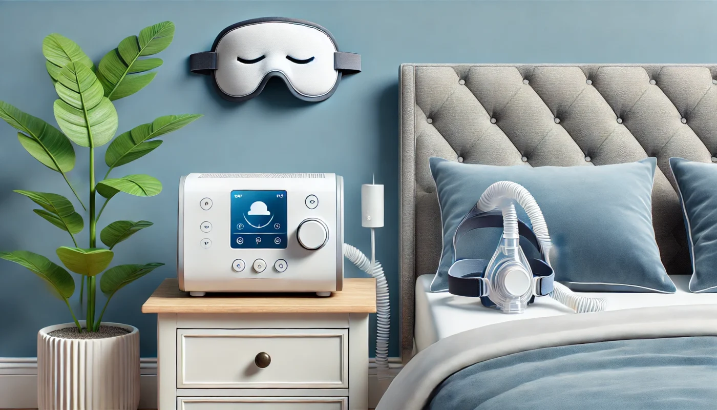 An advanced APAP machine setup with a sleep mask placed beside it on a bedside table, illustrating its role in personalized treatment for sleep apnea and hypertension. The design is modern, clean, and free of text or letters.