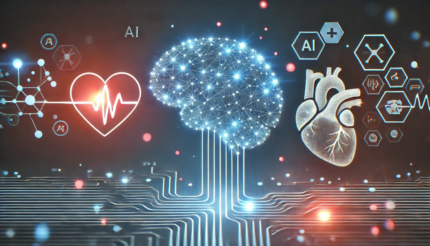 A futuristic illustration featuring abstract elements such as a glowing digital brain, neural connections, and a heart graphic, symbolizing AI in healthcare, emphasizing its help in predicting hypertension. The design is clean, modern, and completely devoid of text, words, or symbols resembling letters.