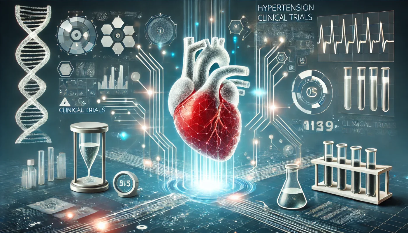 A conceptual illustration featuring abstract glowing visuals like hearts, data streams, and laboratory vials, symbolizing innovation in hypertension clinical trials. The clean and futuristic design is entirely free of text, words, or letters.