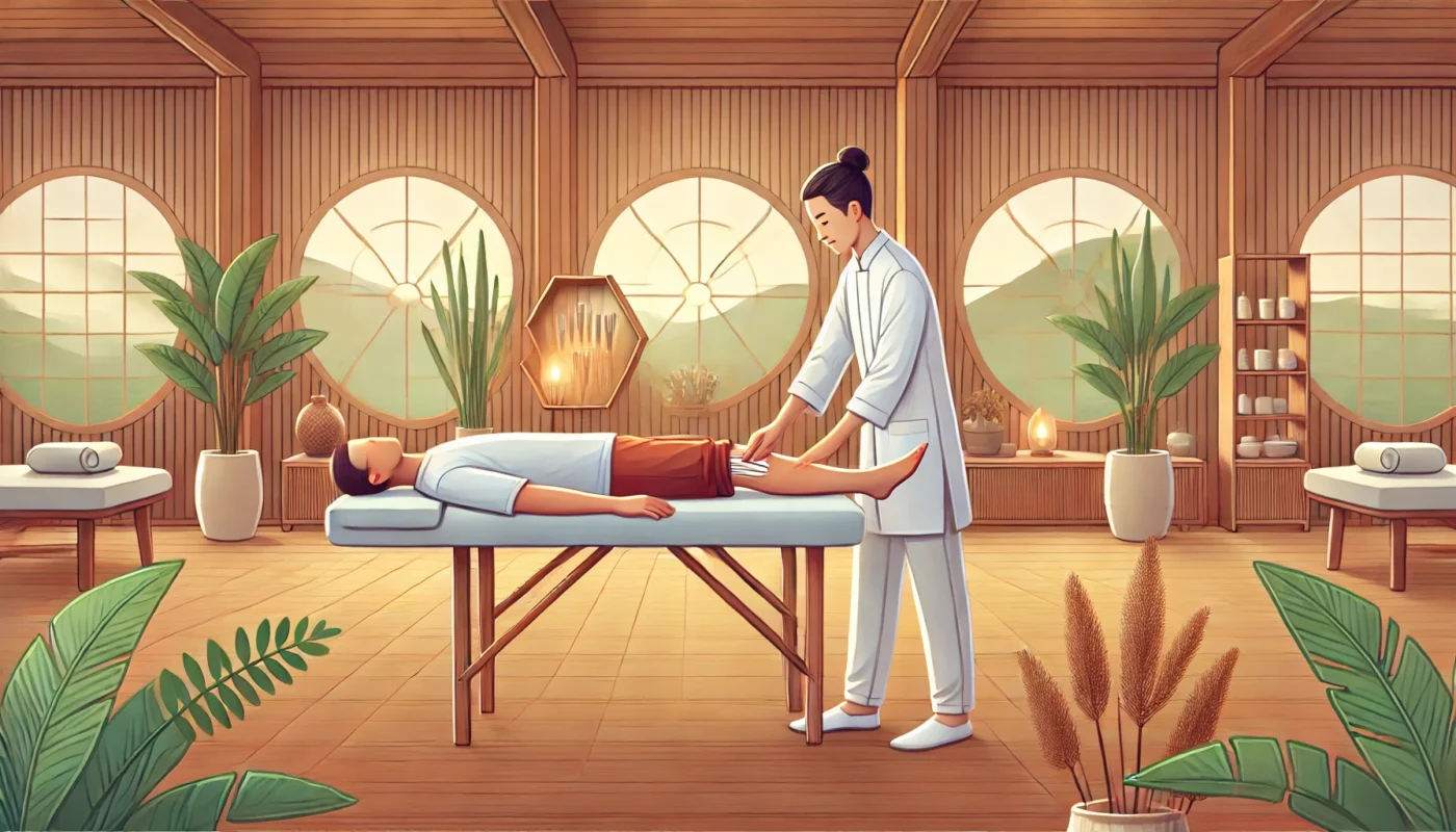 A widescreen image of an alternative therapy session for joint pain, featuring a professional performing acupuncture on a client’s leg in a calming spa environment. The softly lit room with warm tones, natural wood elements, and indoor plants emphasizes holistic healing and relaxation.