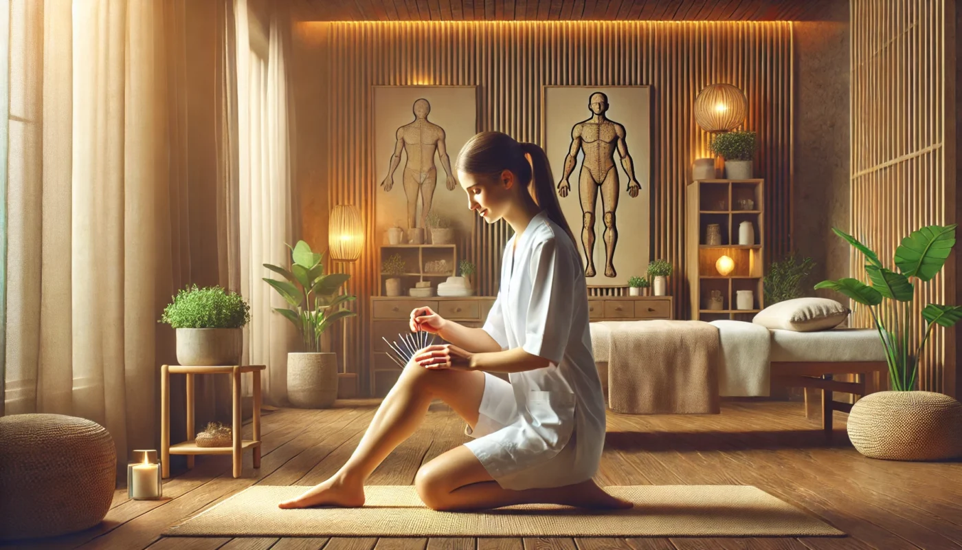 A widescreen image of a spa-like setting for alternative therapy, featuring a professional performing acupuncture on a patient’s knee. The room has a calming ambiance with soft warm lighting, natural wooden furniture, and indoor plants, symbolizing holistic healing and relaxation for joint health.