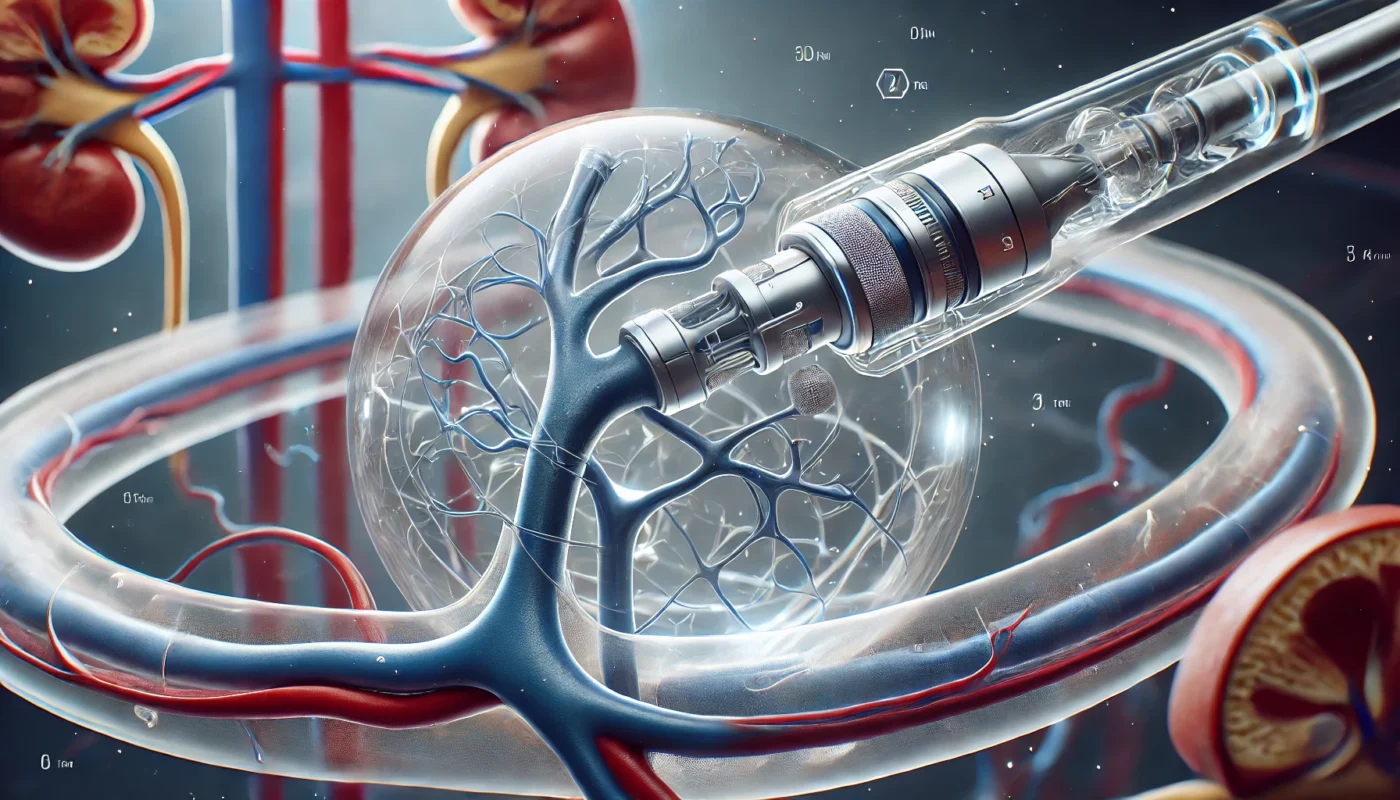 A close-up of a futuristic catheter designed for renal denervation therapy, placed inside a transparent human artery model, illustrating precision in targeting renal nerves. The design is advanced and medical, with no text or letters.