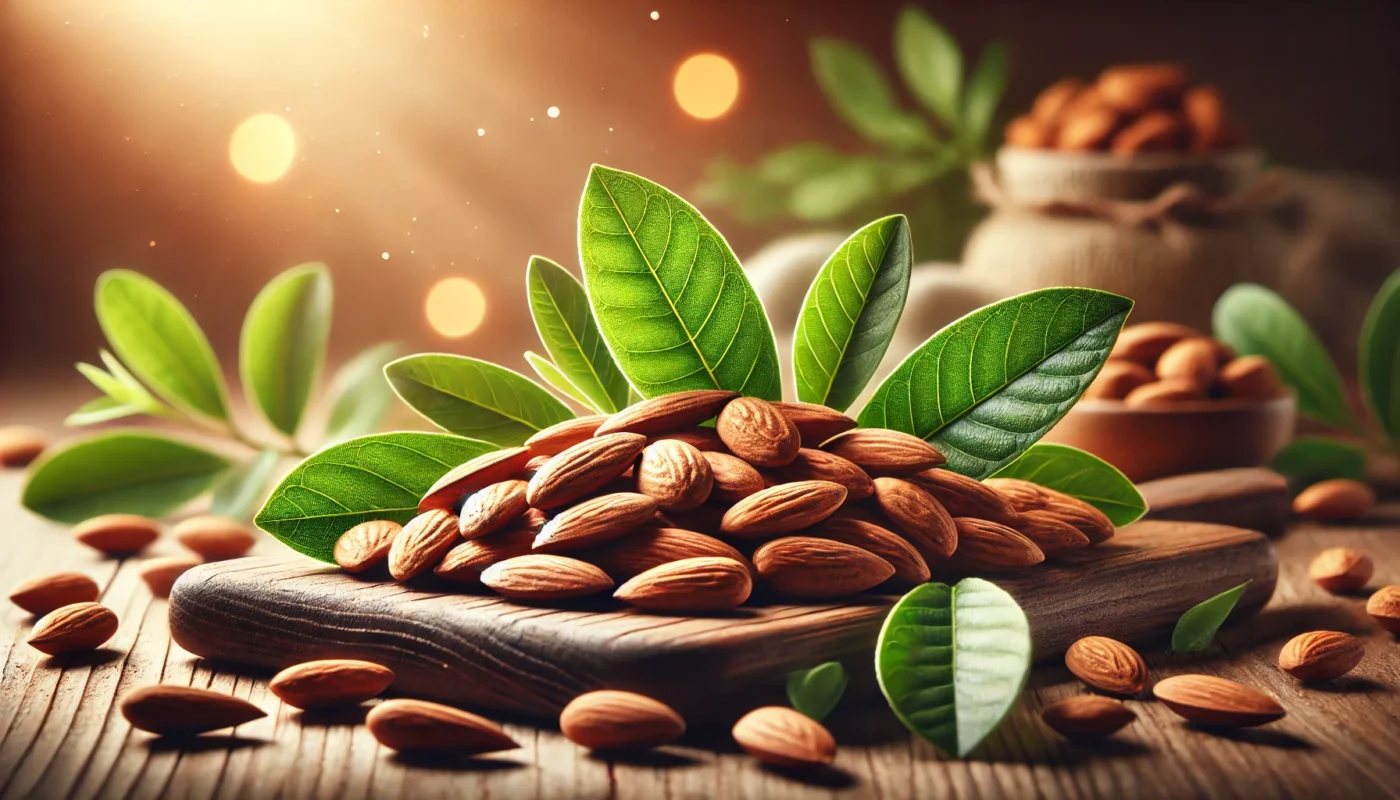 Beautiful display of almonds with fresh green leaves on a wooden cutting board, capturing their natural and anti-inflammatory qualities in a warm, earthy ambiance.