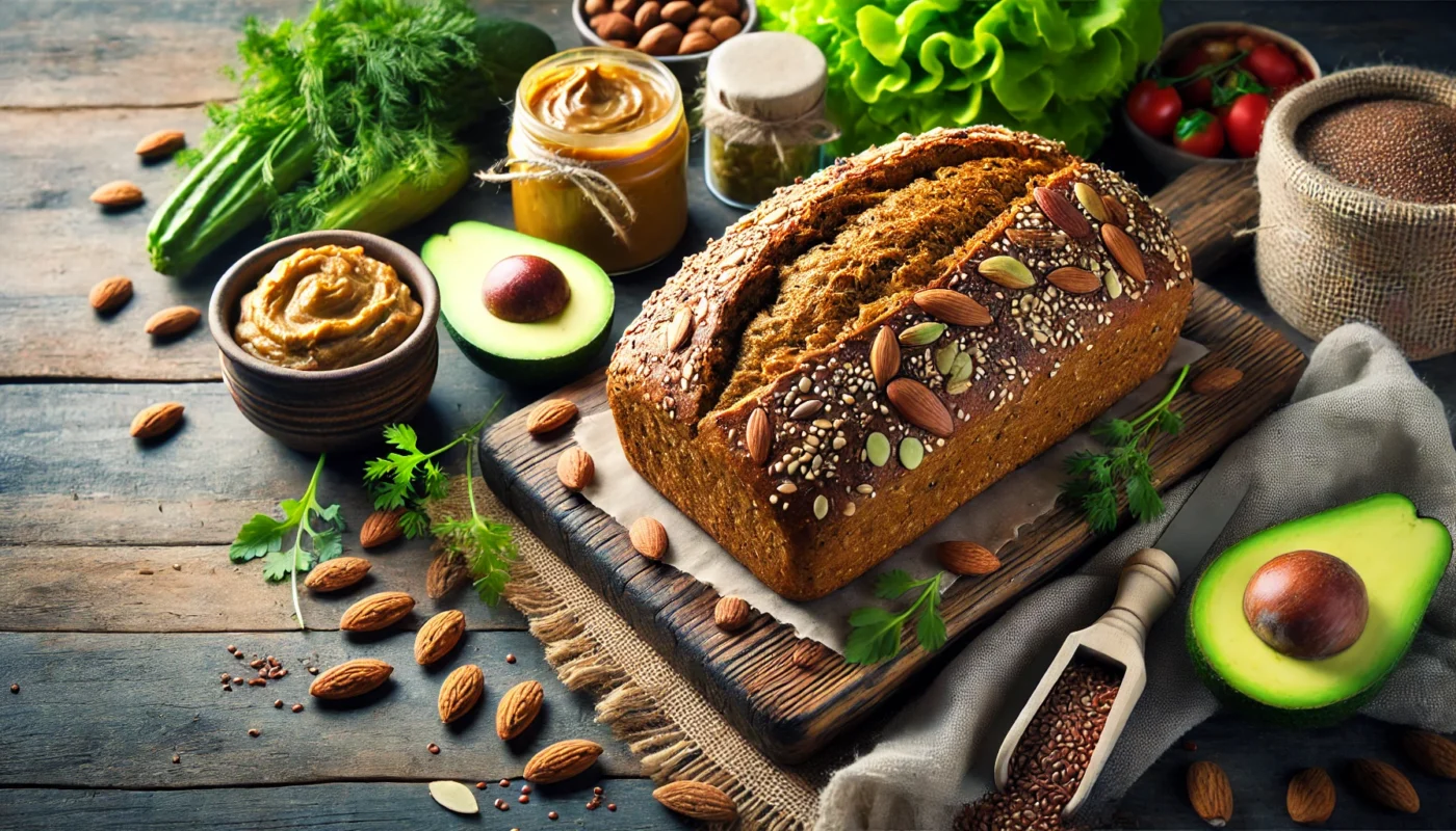 A vibrant, widescreen image showing an artisanal loaf of anti-inflammatory bread made with whole grains, flaxseeds, and nuts. The bread is set on a rustic wooden table surrounded by healthy toppings like avocado, almond butter, and fresh greens, bathed in warm, natural light.