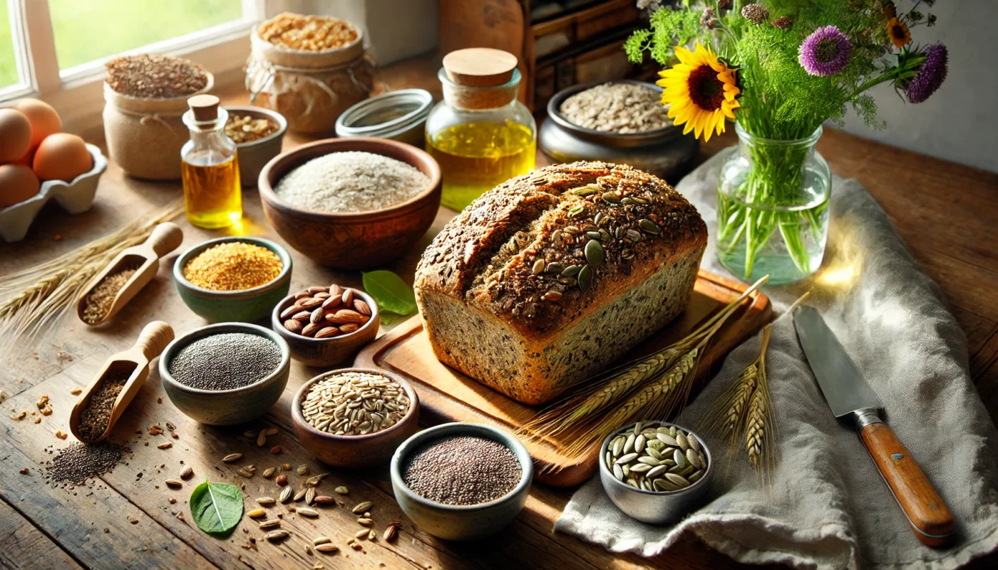 A vibrant, widescreen image showcasing a freshly baked loaf of anti-inflammatory bread made from ancient grains and seeds, resting on a wooden cutting board in a cozy kitchen. Surrounding the bread are small bowls containing chia seeds, sunflower seeds, and rolled oats, with a vase of fresh herbs and a linen napkin adding a rustic touch. Sunlight streams through a nearby window, highlighting the wholesome and inviting atmosphere.