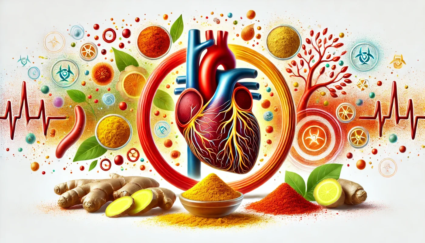 A conceptual illustration showing a stylized artery surrounded by turmeric powder and ginger slices, with abstract inflammation graphics fading away. Represents the anti-inflammatory benefits of these spices for blood vessel health and hypertension management.