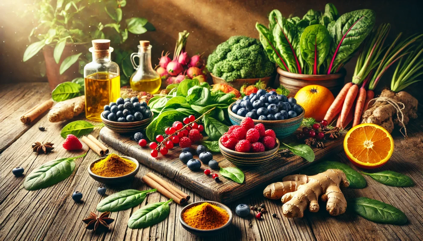 A rustic wooden table showcasing a vibrant assortment of anti-inflammatory foods, including spinach, kale, blueberries, raspberries, turmeric roots, and bowls of ground ginger and cinnamon, with extra virgin olive oil in the background, under warm natural lighting.