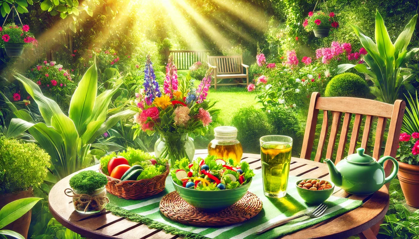 A vibrant outdoor patio scene featuring a table set with antioxidant-rich foods, including a colorful vegetable salad, a glass of green tea, and a bowl of mixed nuts. Surrounded by lush green plants and bathed in warm sunlight, the setting radiates health, relaxation, and nourishment.