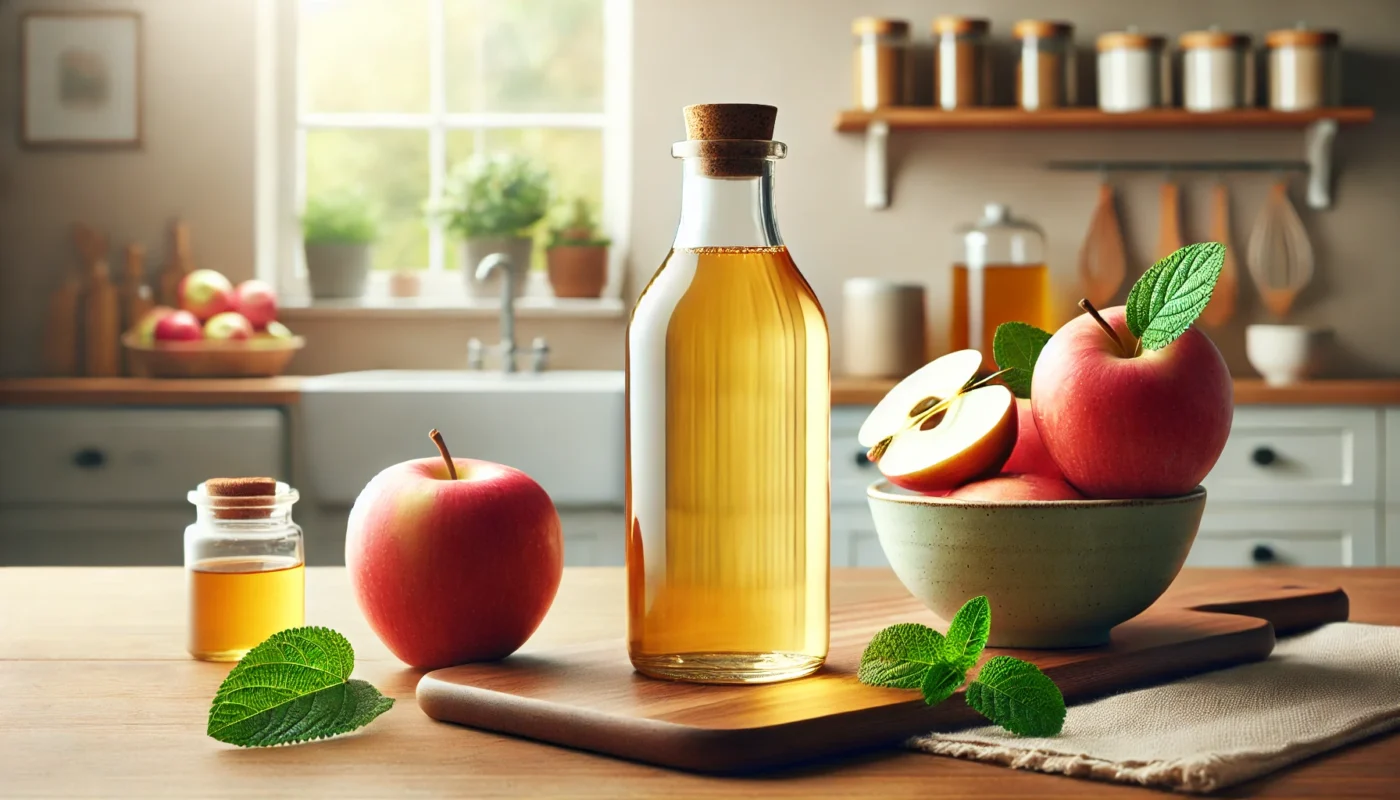 A clean and vibrant arrangement featuring a glass bottle of apple cider vinegar alongside a bowl of fresh apples, set on a wooden kitchen counter. Highlights the natural and health-focused qualities of apple cider vinegar as a remedy.