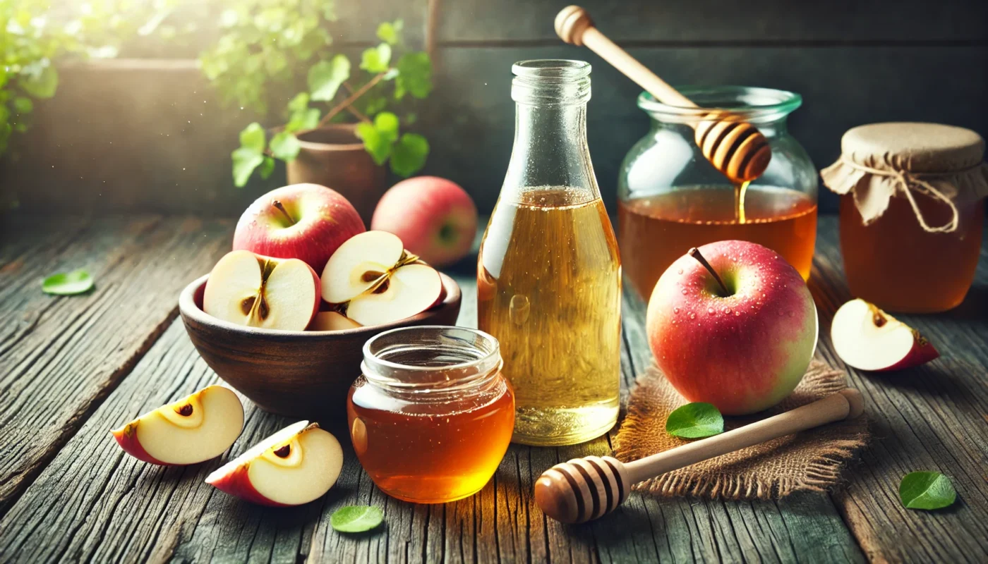 A visually appealing arrangement of apple cider vinegar in a glass bottle, a bowl of sliced apples, and a honey jar on a rustic wooden table. Natural lighting emphasizes health, freshness, and the concept of home remedies.