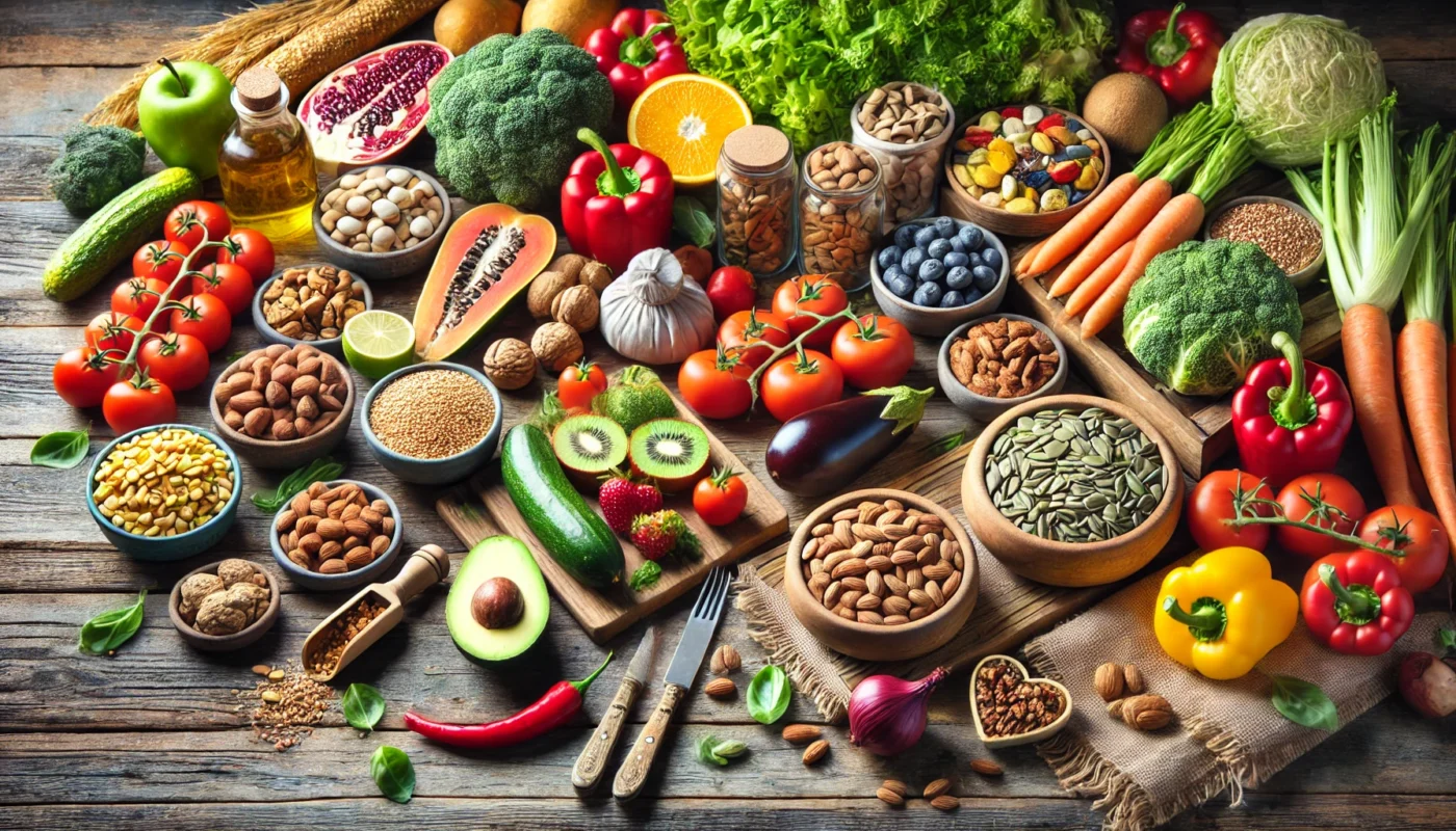 A colorful display of foods for plant-based diets, including fresh fruits, vegetables, nuts, seeds, and whole grains, arranged on a rustic wooden table. Highlights the abundance and health benefits of these foods in managing hypertension.