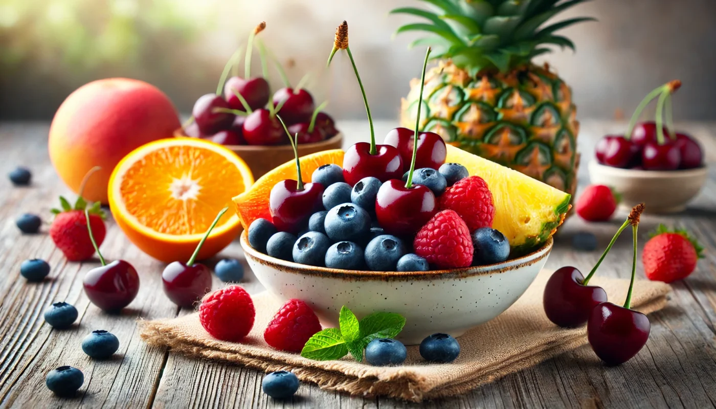 A vibrant bowl of mixed fruits including cherries, blueberries, oranges, and pineapple slices, showcasing their fresh, juicy, and nutrient-rich qualities on a rustic wooden table with a soft natural background.