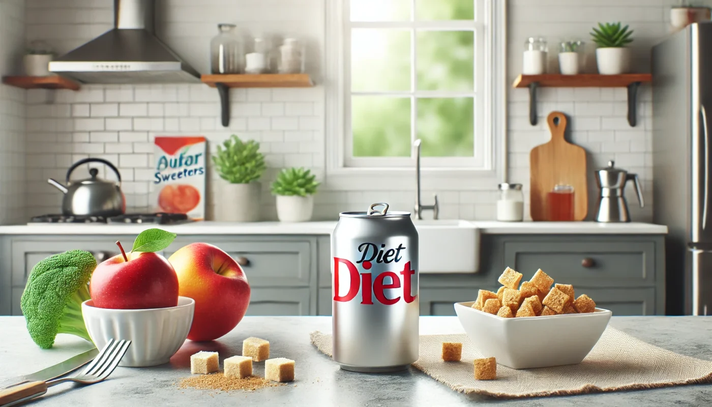 A clean, text-free horizontal landscape image showcasing a diet soda can and a sugar-free snack placed on a modern kitchen counter, representing the use of artificial sweeteners in everyday food and drink.