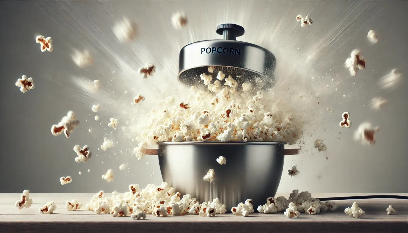 A widescreen artistic depiction of popcorn kernels popping in a hot air popper, with fluffy white popcorn spilling into a bowl. The clean and minimalist setting highlights the healthy popcorn preparation process without added oils, ideal for discussions on popcorn and inflammation.