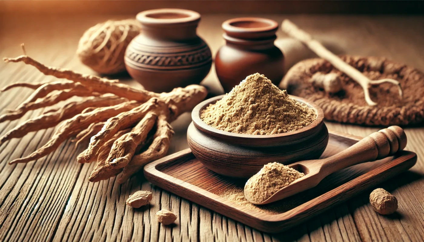 Ashwagandha root and powder displayed on a wooden surface, symbolizing its adaptogenic role in reducing cortisol levels linked to hypertension and PTSD.