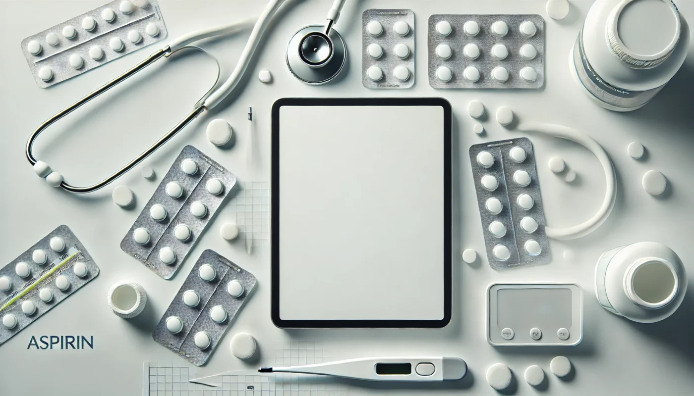 A clean, white surface displaying aspirin tablets and blister packs, surrounded by a stethoscope and digital thermometer. The arrangement emphasizes aspirin in a medical and professional setting, with a focus on health and clinical care.