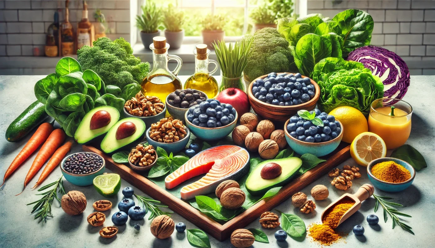 A vibrant widescreen image showcasing a colorful assortment of the top 20 anti-inflammatory foods, including avocados, leafy greens, blueberries, walnuts, salmon, turmeric, and olive oil, beautifully arranged on a clean kitchen countertop with natural sunlight streaming in. The display emphasizes freshness and health with foods placed in wooden trays, ceramic bowls, and glass jars.