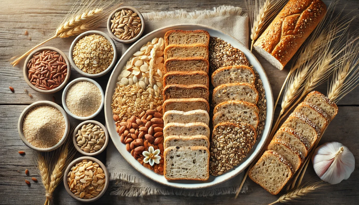 A widescreen image of a plate featuring assorted gluten-free bread and wheat bread placed side by side for comparison, surrounded by grains and seeds such as quinoa, oats, and wheat, on a rustic wooden table with natural light highlighting textures and colors.