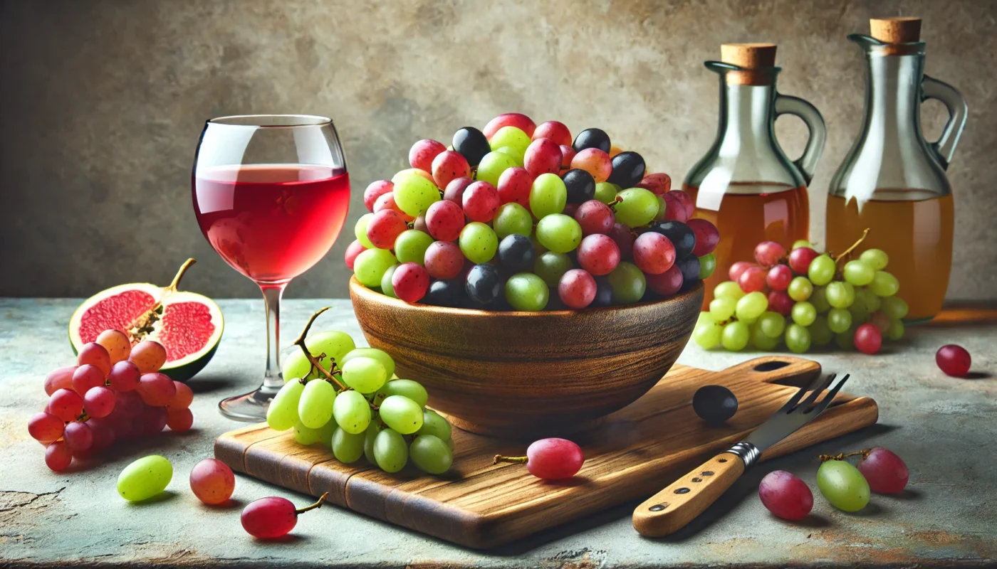 A bowl of fresh, assorted grapes in red, green, and purple shades, placed on a clean kitchen countertop next to a glass of grape juice and a wooden cutting board, illustrating the health and anti-inflammatory benefits of grapes.