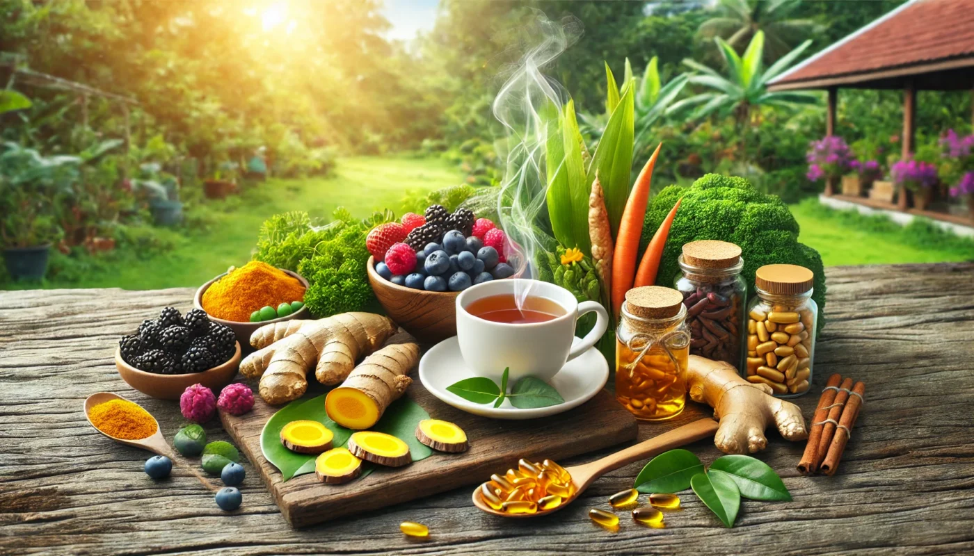 A high-resolution widescreen image of an assortment of fresh anti-inflammatory foods, including colorful vegetables, fruits, and nuts, displayed on a rustic wooden surface for a wholesome approach to reducing inflammation.