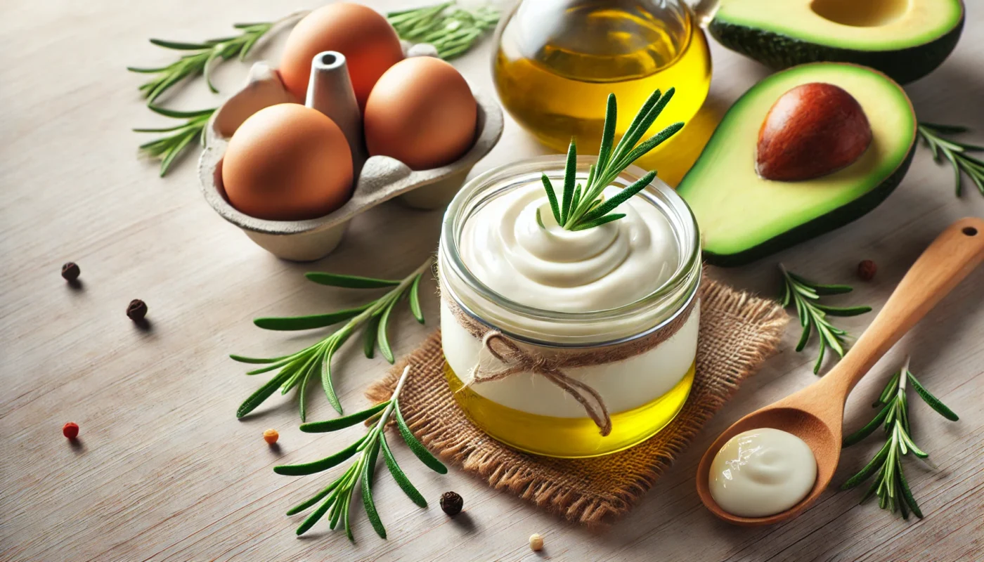 A widescreen image of a jar of homemade mayonnaise made with avocado oil, garnished with rosemary sprigs, placed on a light wooden table with eggs, avocado, and olive oil, emphasizing a health-conscious, anti-inflammatory recipe.