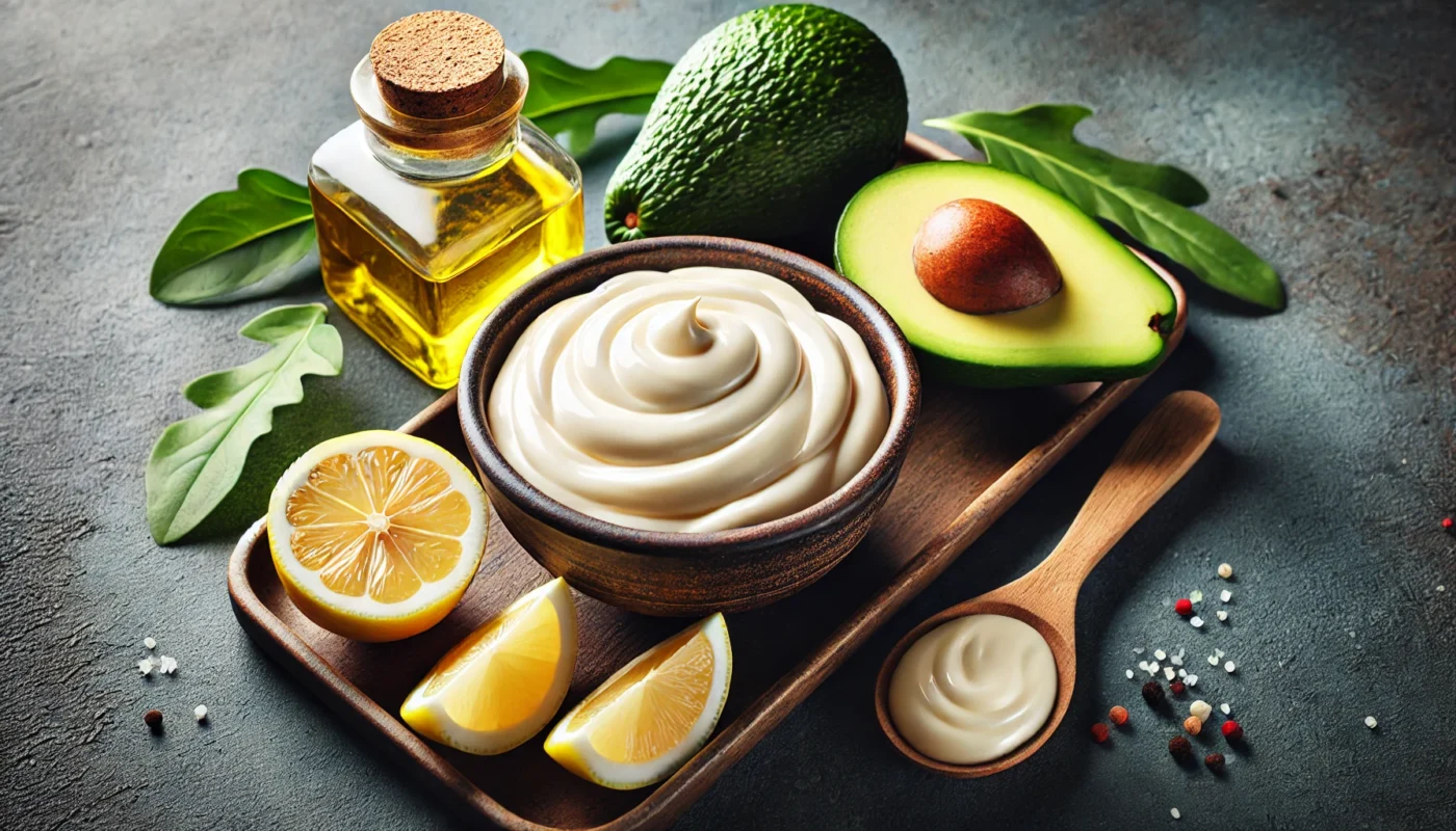 A widescreen image of creamy mayonnaise served in a ceramic bowl, surrounded by fresh avocado halves, lemon slices, and a drizzle of olive oil, showcasing a healthy and anti-inflammatory alternative.