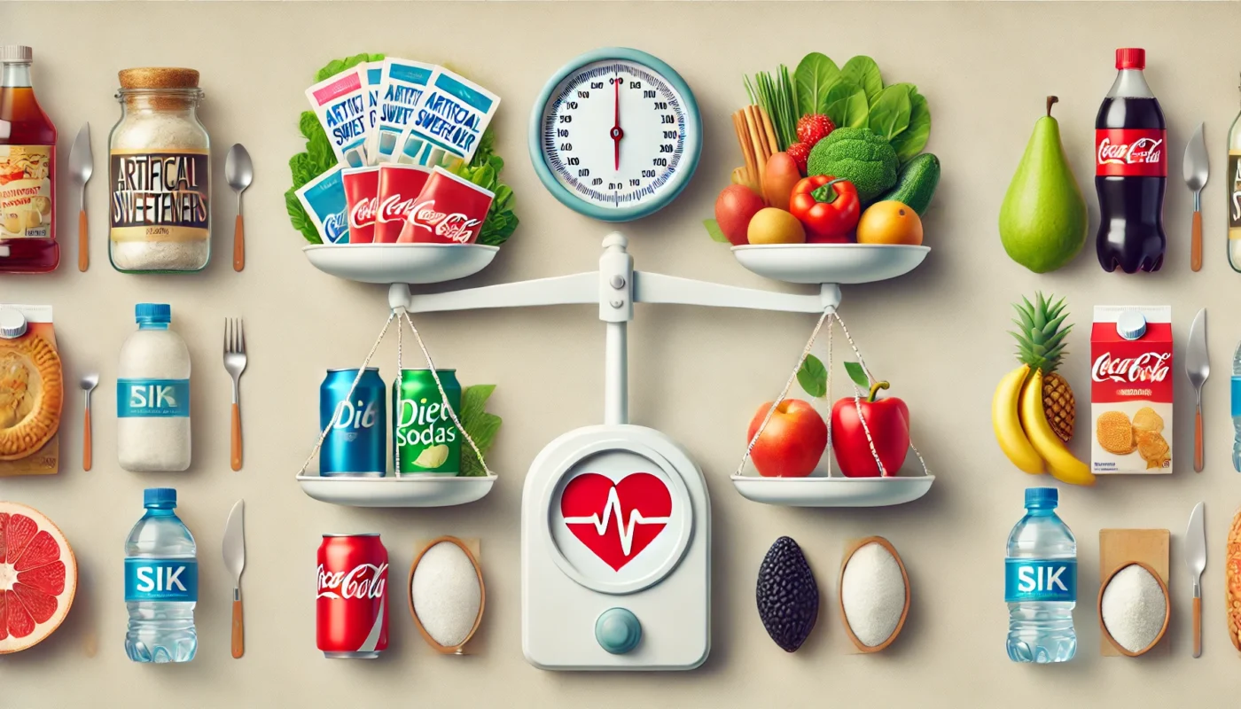 A creative visualization showing a scale balancing artificial sweetener packets and diet sodas on one side and fresh fruits and vegetables on the other, with a heart symbol and blood pressure gauge in the background. The design emphasizes the balance between artificial sweeteners and natural dietary options in managing hypertension.