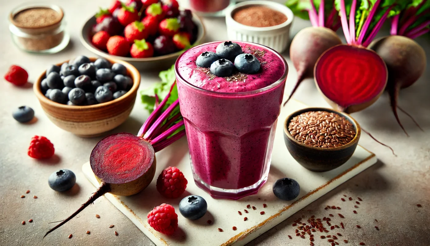 A close-up of a freshly blended beet and berry smoothie in a glass, surrounded by raw beets, mixed berries, and a dish of flaxseeds. Set on a clean, bright kitchen counter to showcase the health benefits of these ingredients for hypertension.