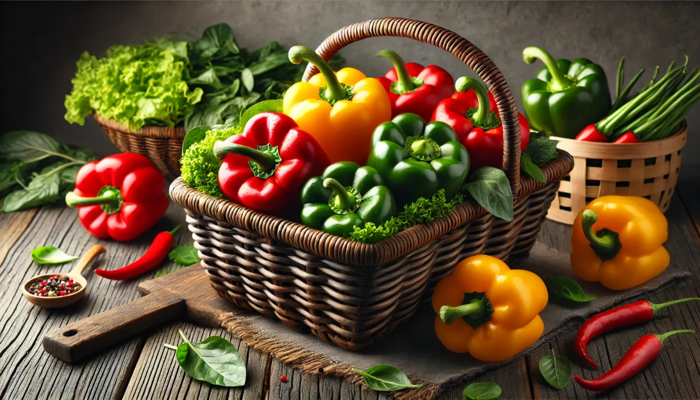 A high-resolution widescreen image of vibrant red, yellow, and green bell peppers arranged in a rustic wooden basket on a kitchen counter, with fresh leafy greens and a cutting board nearby. The scene highlights bell peppers as a rich source of Vitamin C for reducing inflammation.