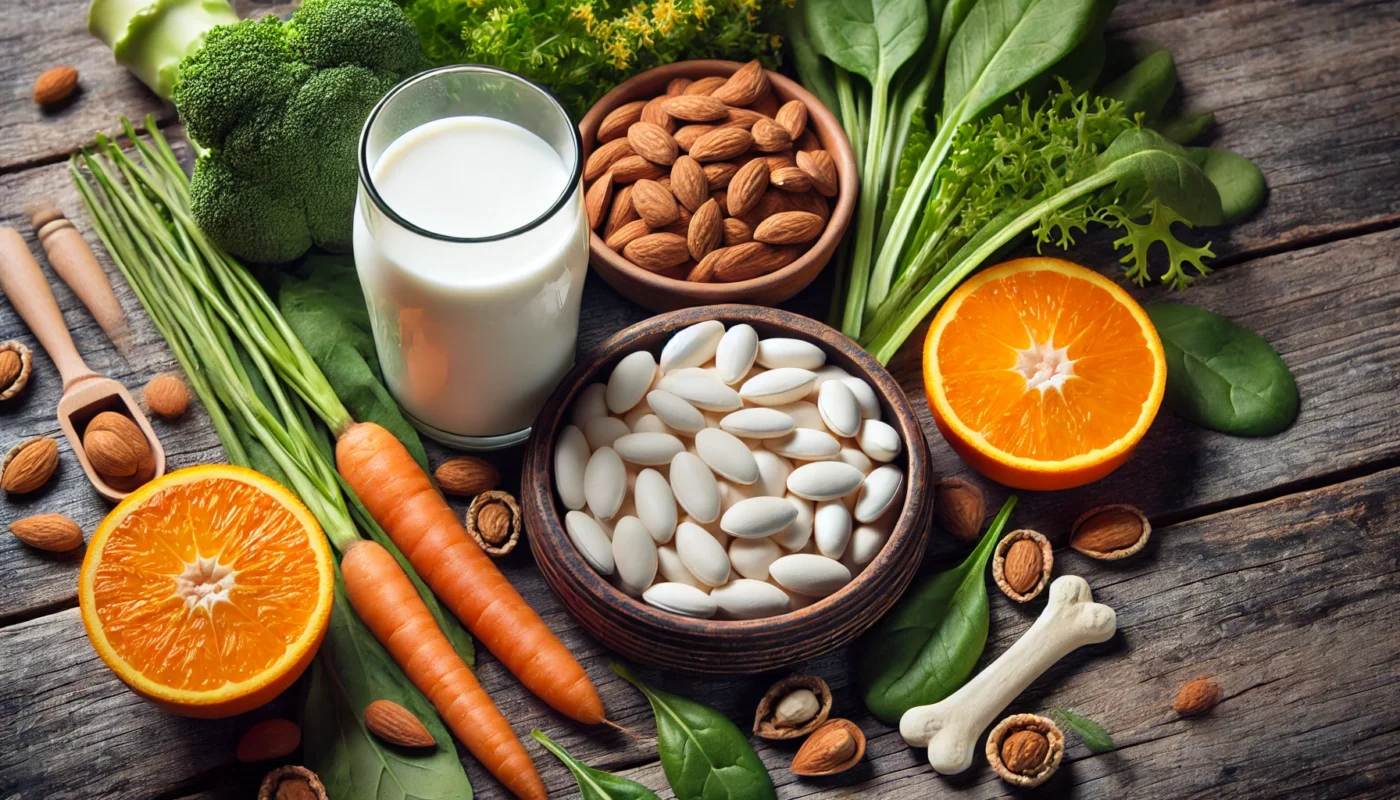 A naturalistic close-up of calcium-rich food sources like leafy greens, almonds, and fortified orange juice arranged on a rustic wooden table, emphasizing their role in bone health and healing.