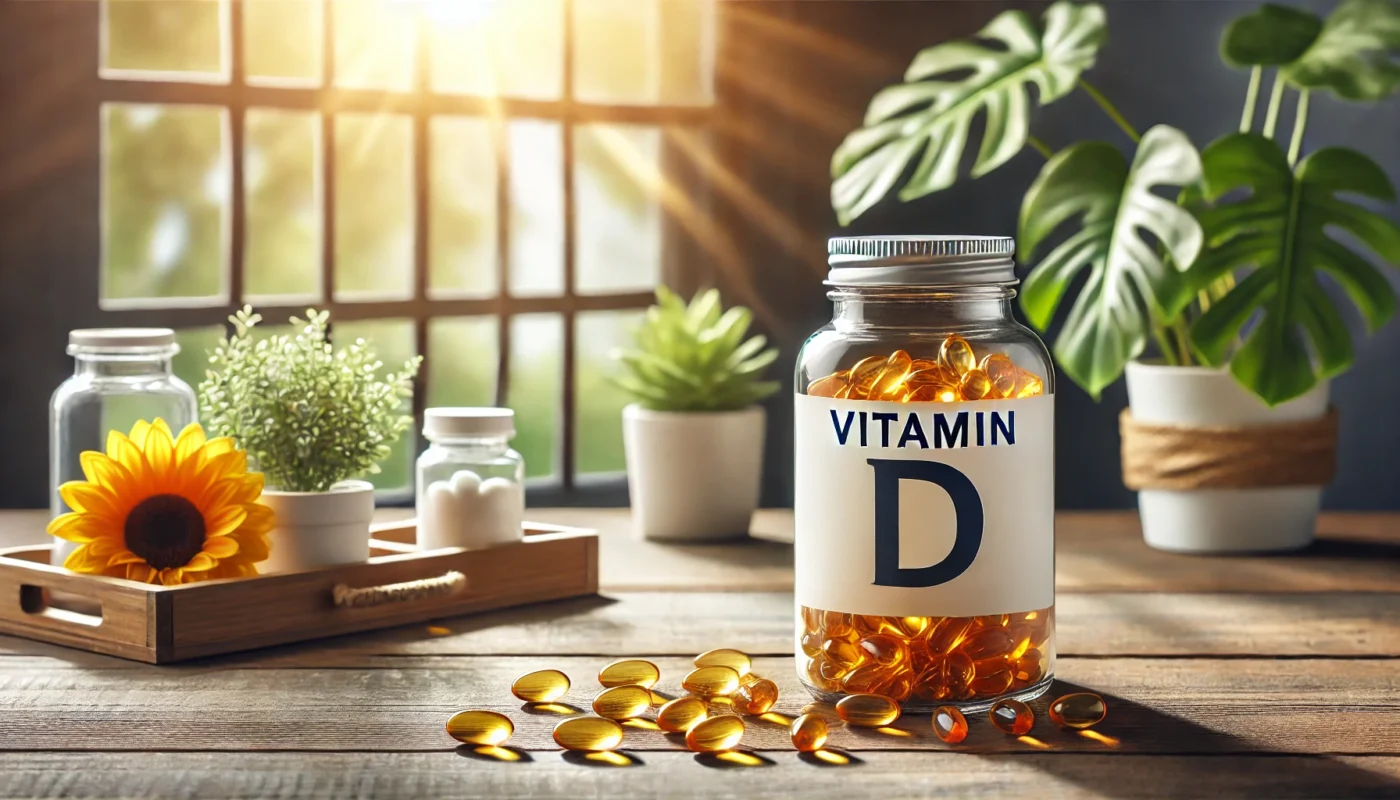 A wellness-themed image showing vitamin D capsules in a clear bottle, placed beside a sunny window with natural light illuminating the scene, emphasizing the importance of supplements in bone healing.