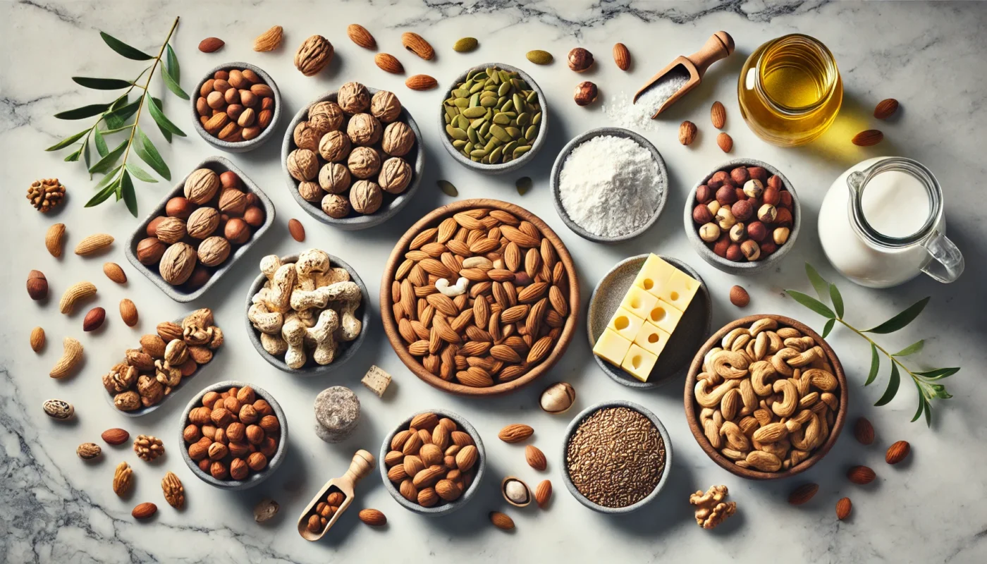 A modern health-themed image of magnesium-rich foods, such as nuts and seeds, arranged neatly in bowls on a clean marble countertop, promoting dietary balance for bone healing.